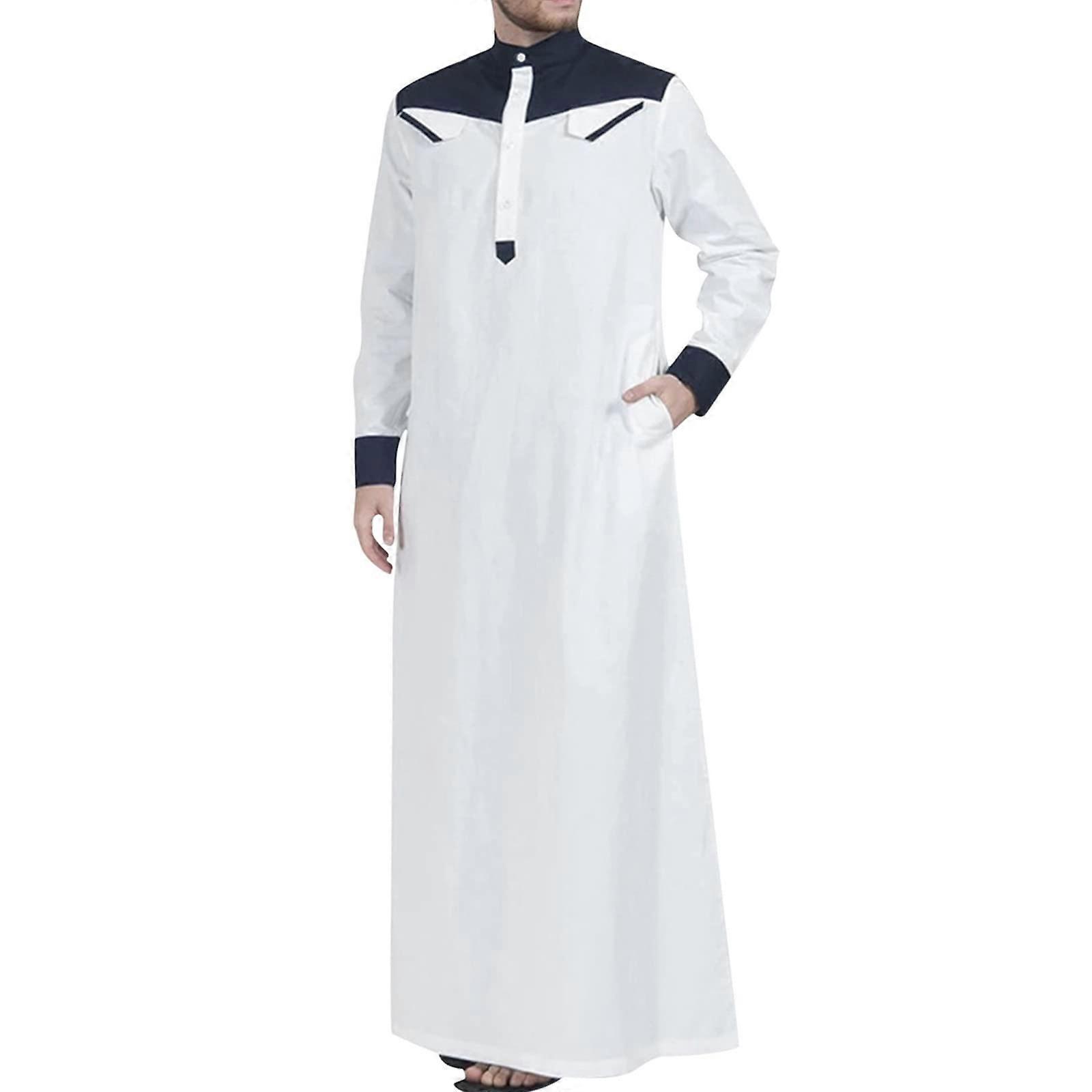 Prayer Clothing for Men - Islamic Kaftan Robe with Stand-Up Collar, Marine Blue Eid Thobe, Middle Eastern Djellaba, Size M