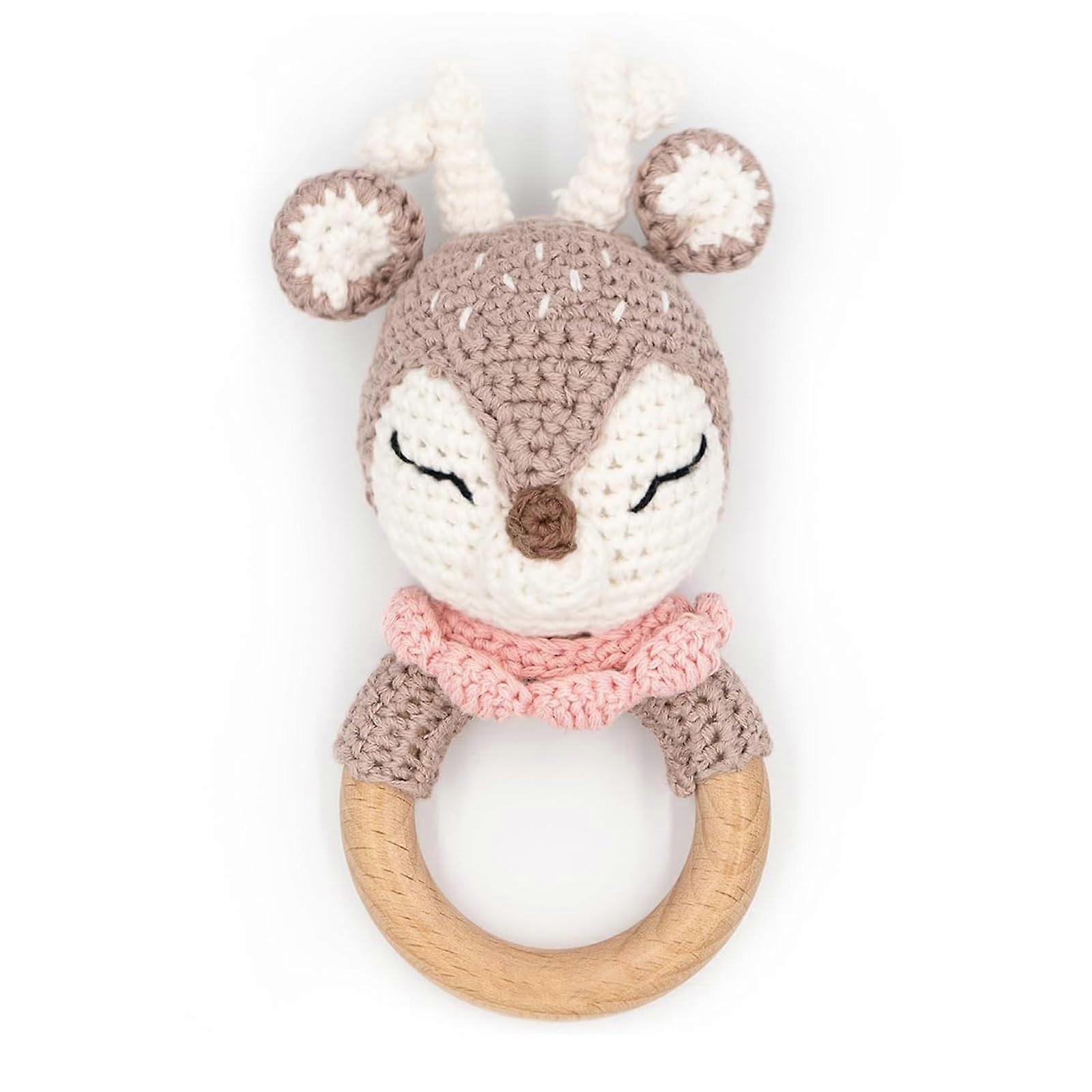 Wooden Grasping Toy with Baby Rattle Handknotted Animal Sound Rattle