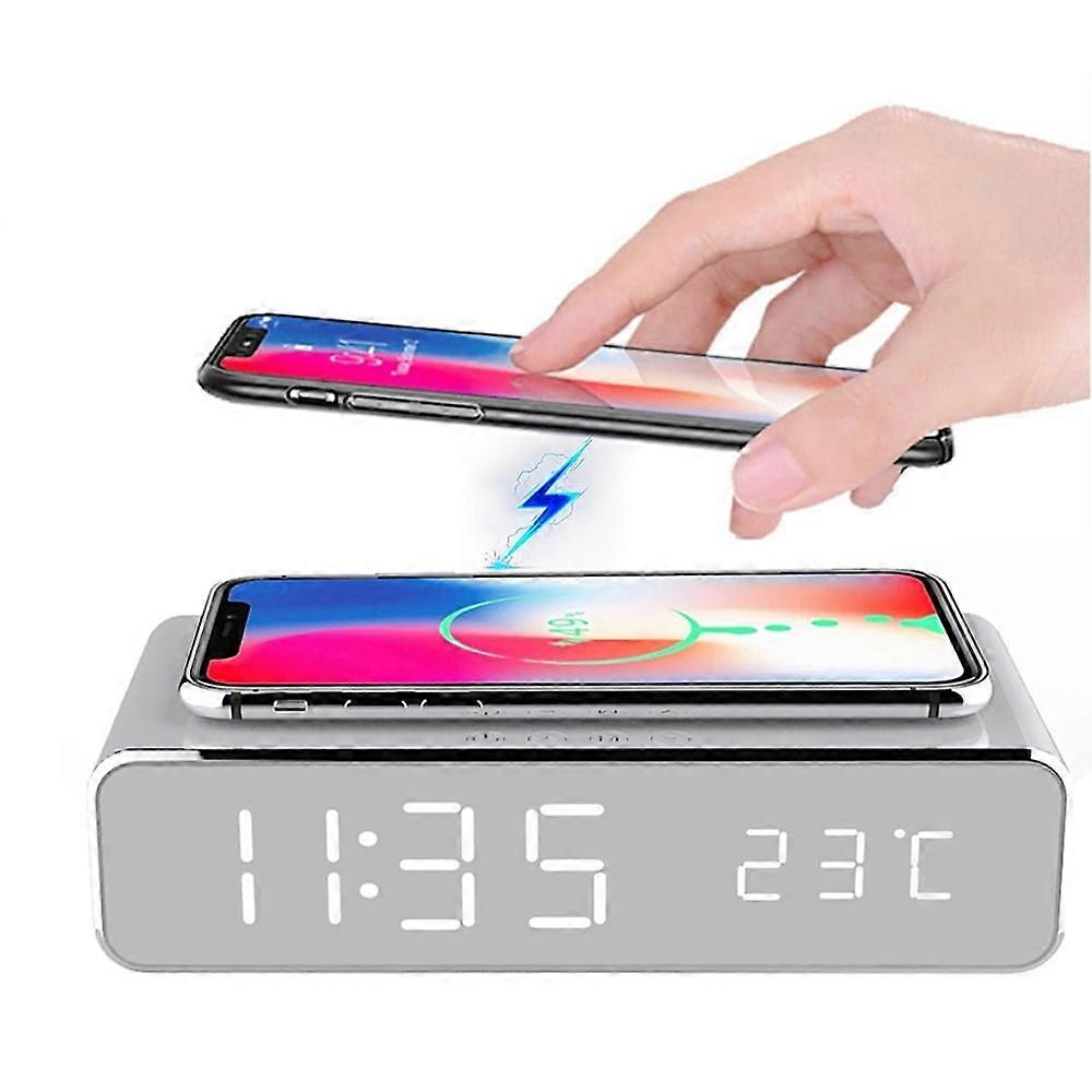 Led Electric Alarm Digital Clock With Wireless Phone Charger Thermometer Desktop Digital Hd Mirror C