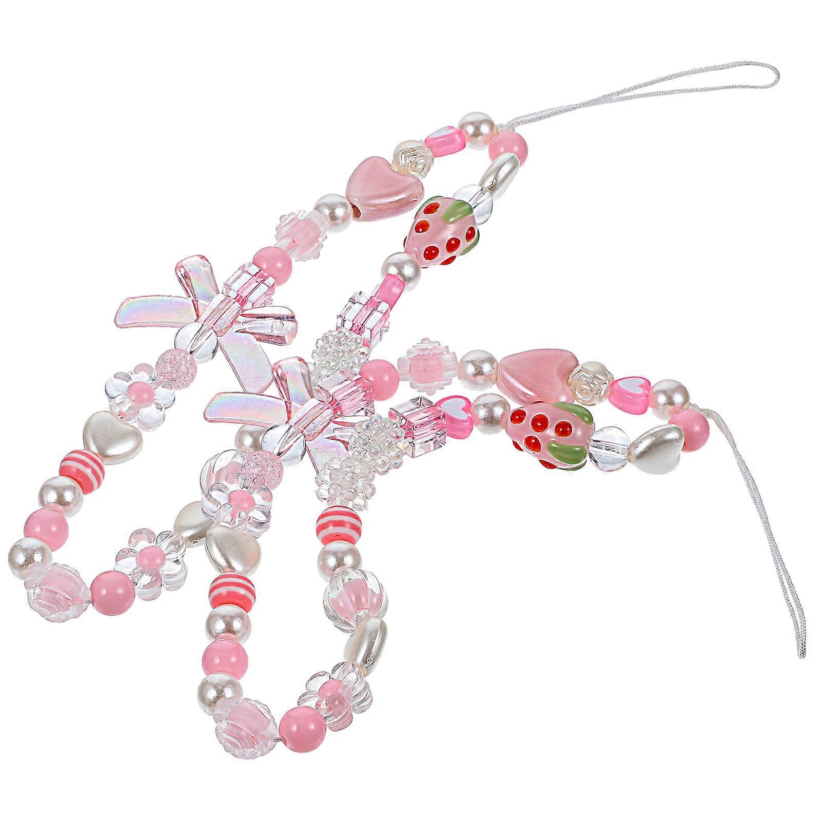Beaded Phone Lanyard Wrist Strap with Resin Beads in Pink for Decor and Everyday Use Accessories 2 Pieces