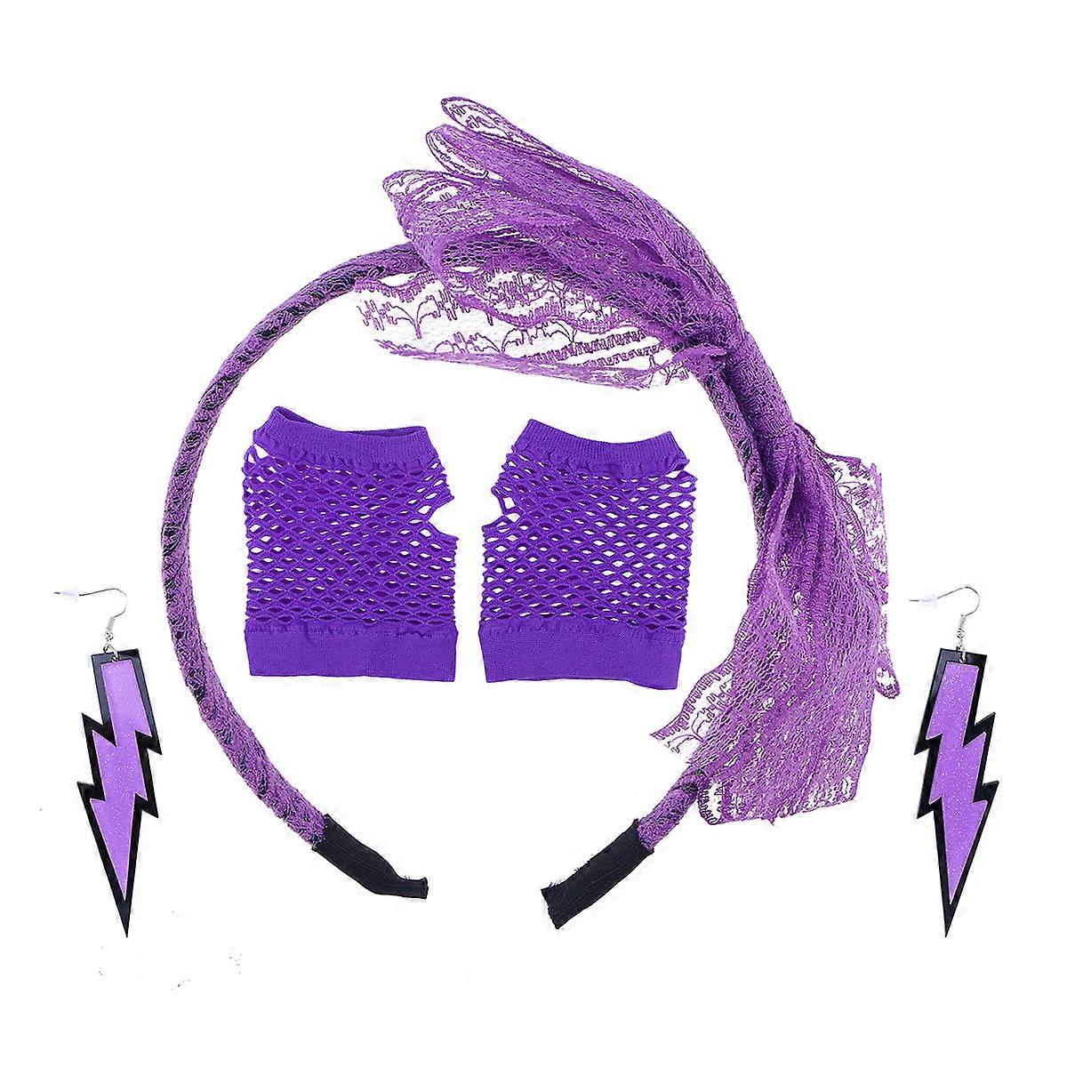 80s Lace Headband Neon Earrings and Fingerless Fishnet Gloves for 80s Party Purple