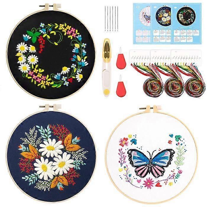 Set of 3 embroidery kits - beginner embroidery kit - Including 3 hoops, 3 embroidered fabrics, sewing thread, needles, 1 scissors, 2 threaders