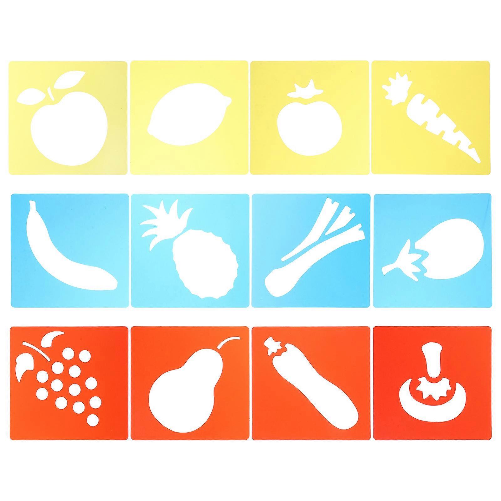 Assorted Color Plastic Stencils for Drawing 12 Pieces Educational Tool with Fruits and Vegetable