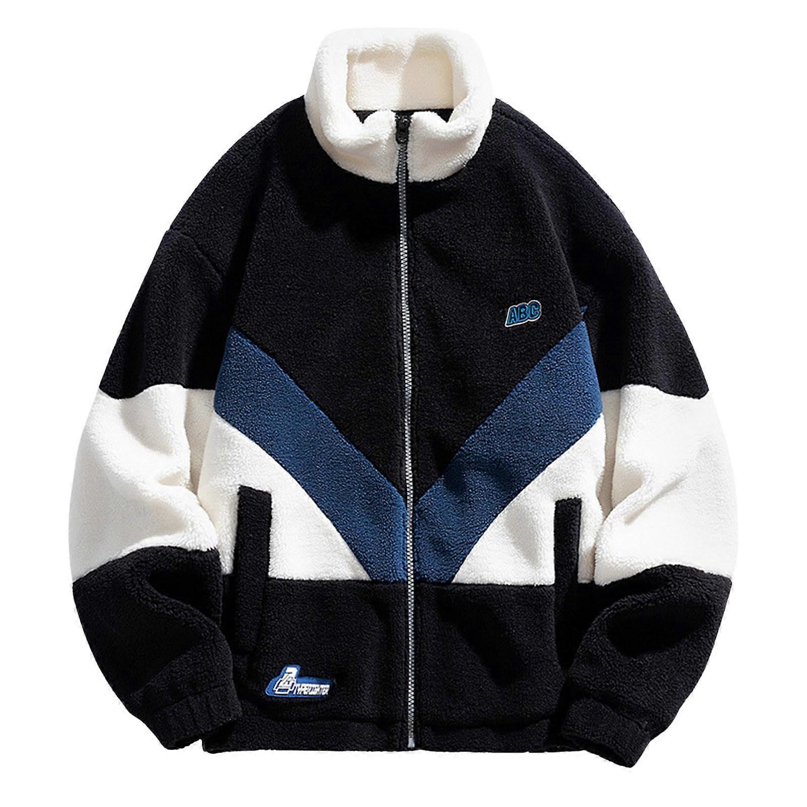 Fleece Jacket Men's Color Block Warm Winter Sherpa Patchwork Teddy Fleece Zip Stand Collar With Pockets Black Size M