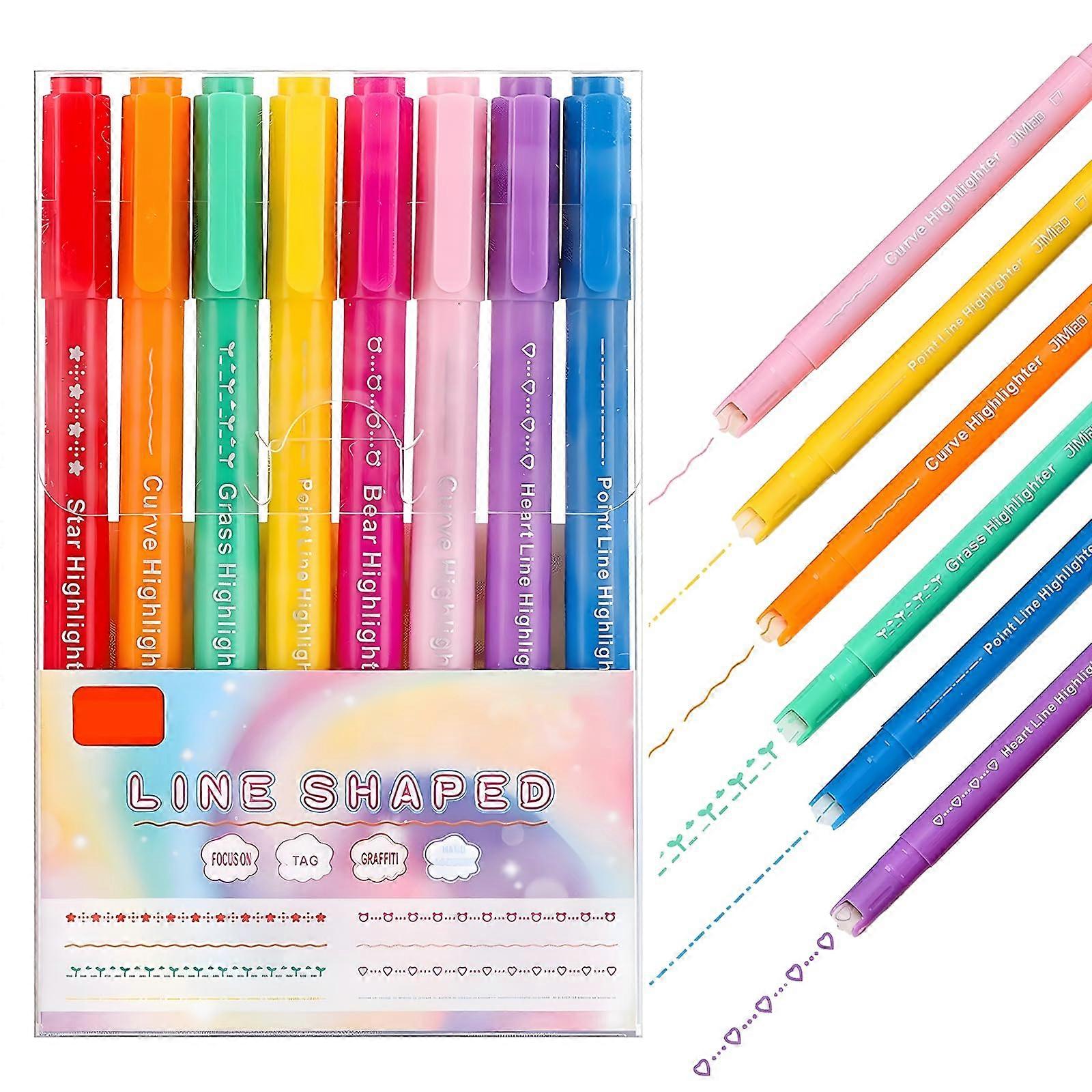 8 pieces curve highlighters, doubletip markers, plastic, smooth usage, quickdrying ink, various patterns, suitable for diary, notes, handbook.
