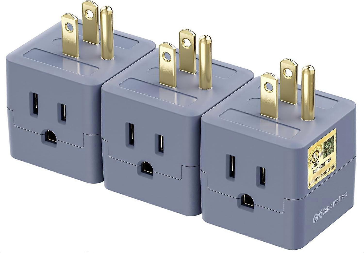 [UL Listed 3-Pack 3 Outlet Wall Adapter (Grounded Cube Tap, Outlet Splitter, 3 Way Plug Adapter, 3-Prong Power Splitter), Gray  Gray