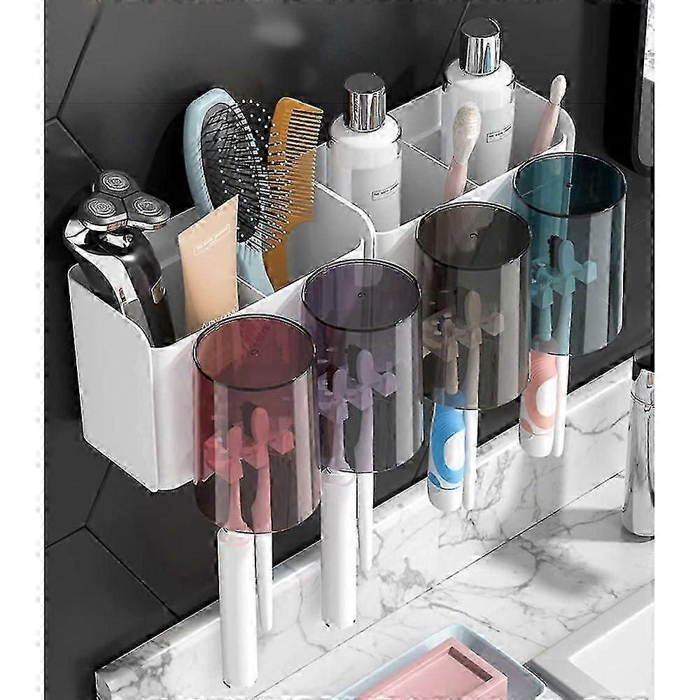 Multifunction Bathroom Storage Rack with 4 Cups+8 Slots Toothbrush Heads Shelf31.6*11*15.3CM