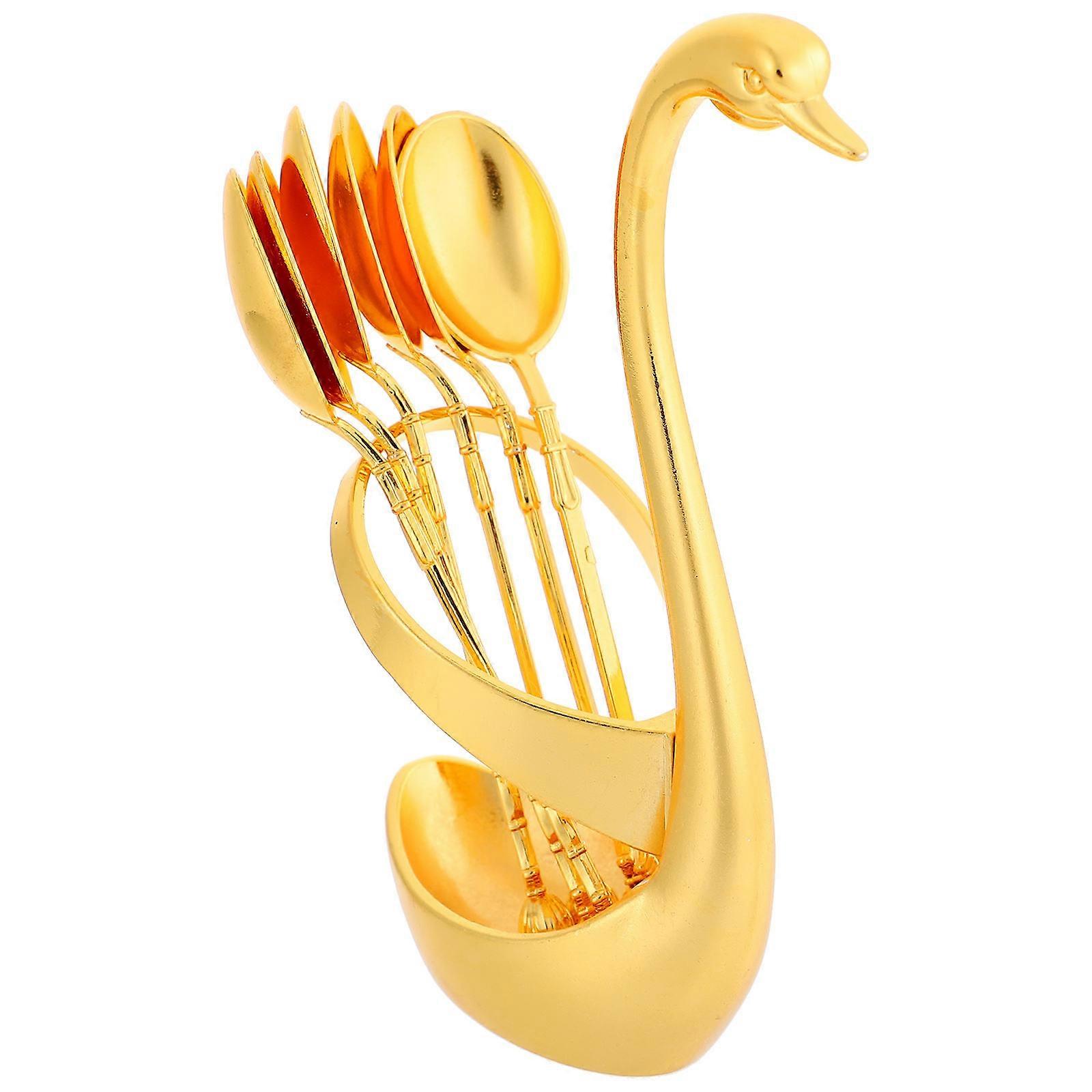 Swan Shaped Alloy Spoon Set with Storage Rack for Coffee Dessert, Gold Finish Cutlery for Dining Table