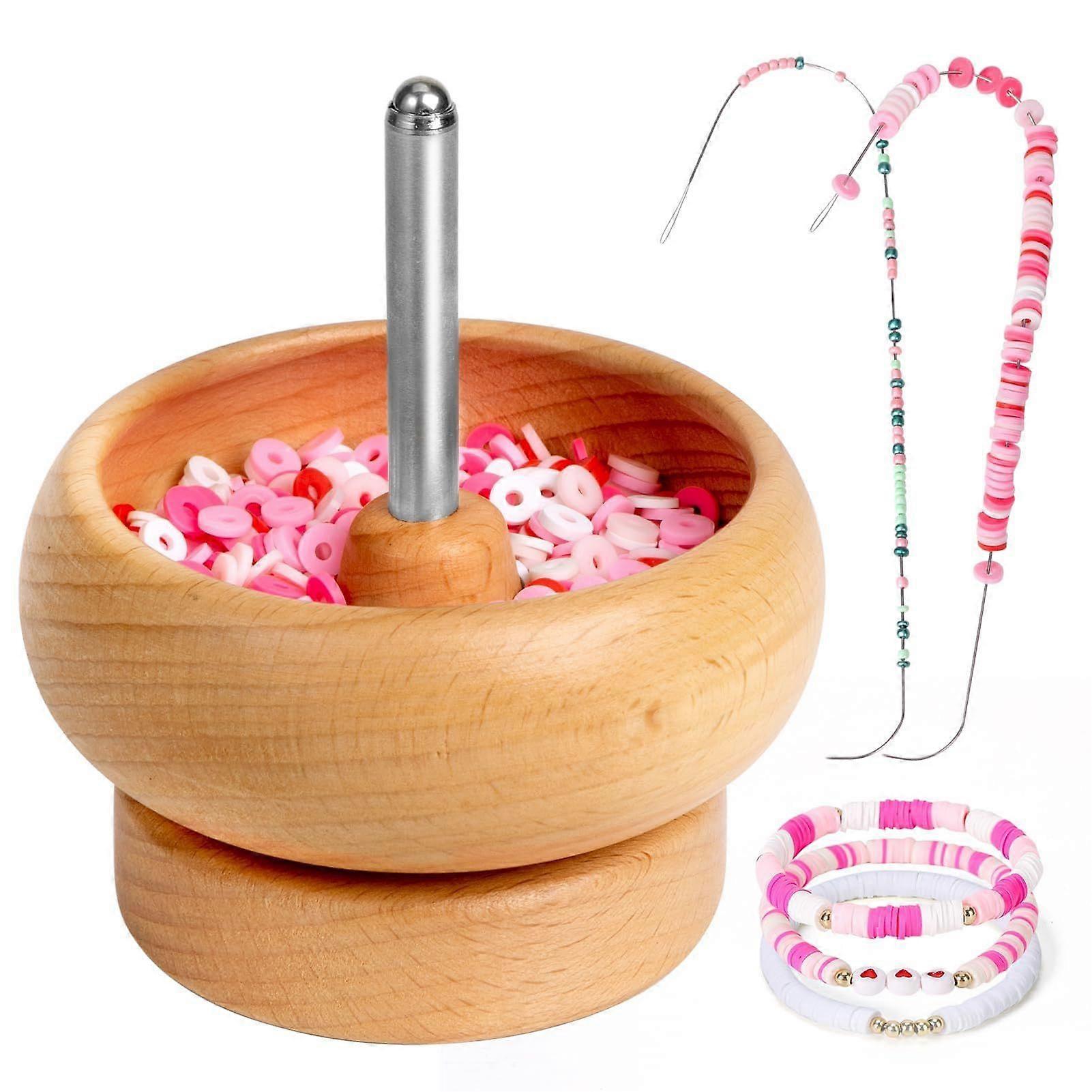 Jewelry making beading machine, easy rotating wooden clay beading machine, comes with 2 large-eye beading needles and 30 shell seed beads, beading sup