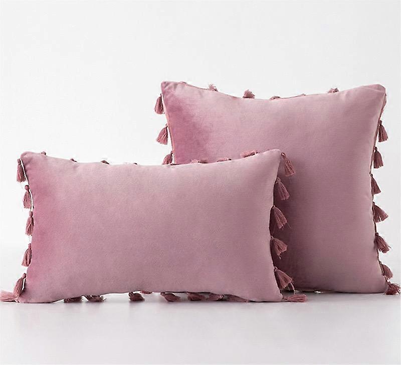 Pack Of 2 Velvet Soft Solid Decorative Throw Pillows With Tassels Fringe Boho Accent Cushion For Couch Sofa Bed, Pink Purple