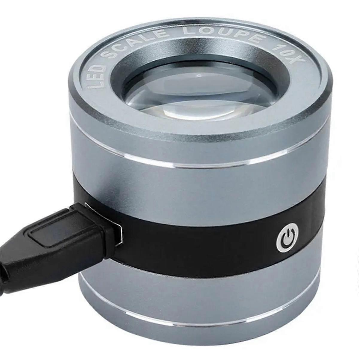 10X HD Full Metal Magnifying Glass Scale Measuring Cylinder USB Rechargeable Stamps Jewelry Magnifier with 6 LED Light