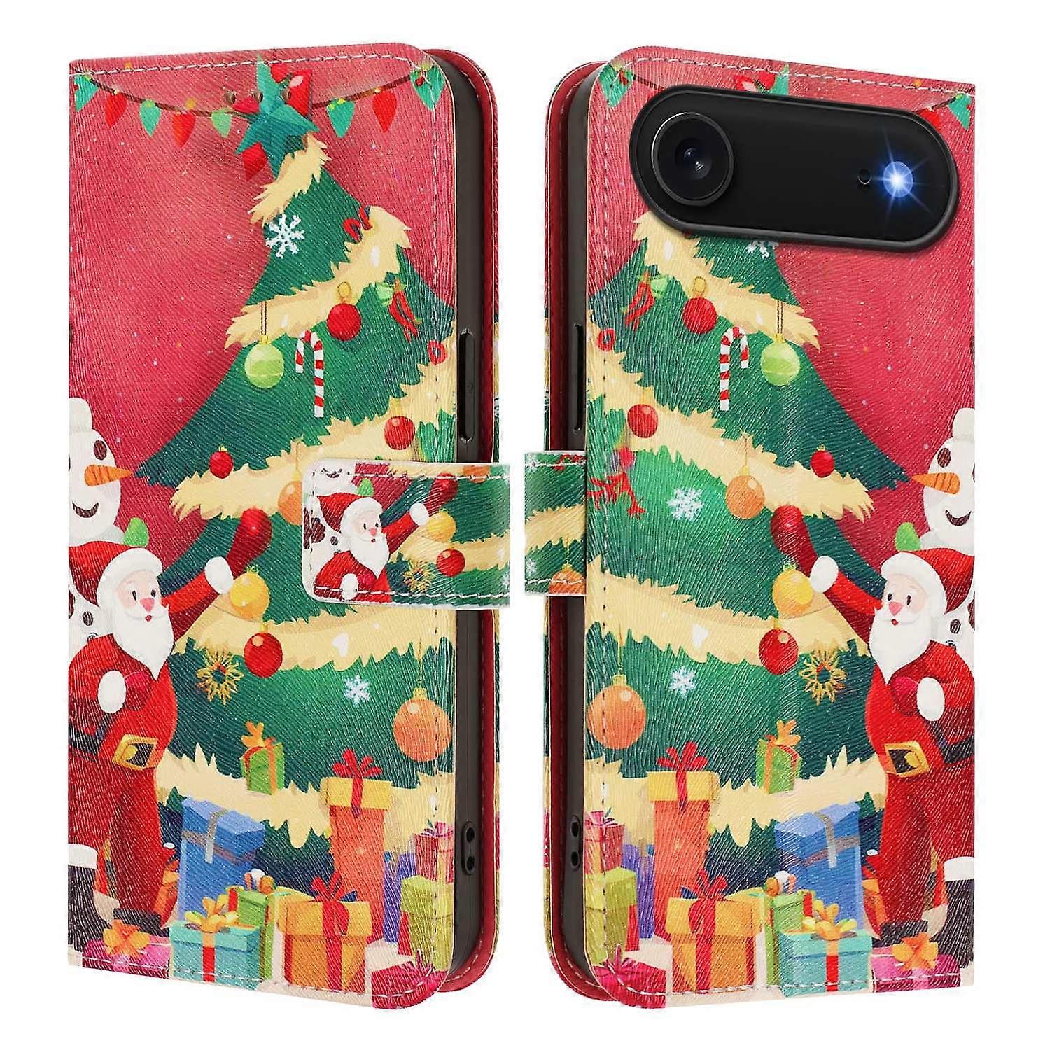 For iPhone 17 Air Wallet Case Christmas Pattern Printing Leather Phone Cover with Lanyard
