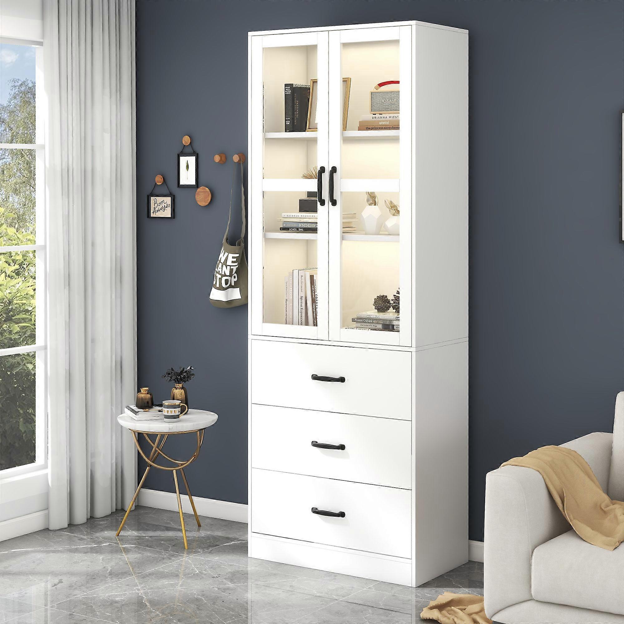 Adjustable Storage LED Glass White Tall Display Cabinet 3 Solution