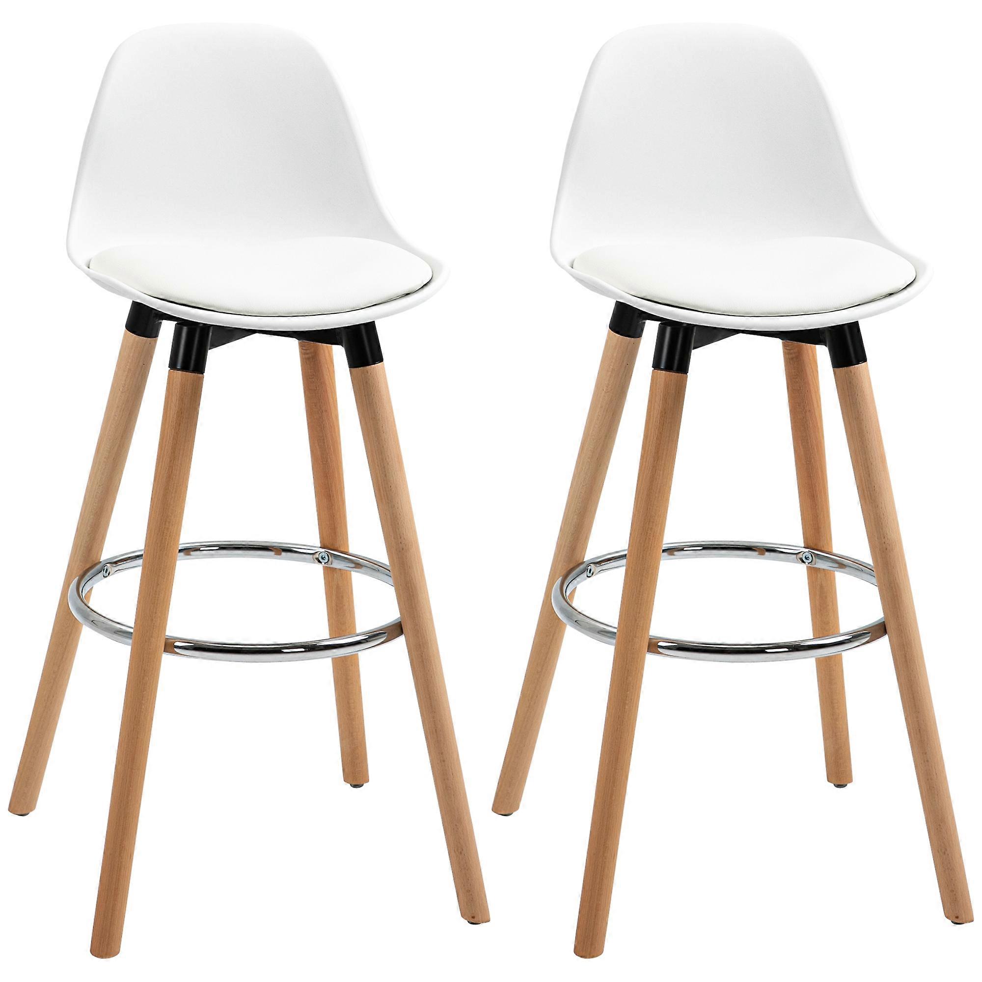 2Pc White Leather Bar Stools Footrests High Back Modern Design