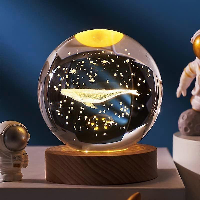 Crystal Ball Night Light Projection Lamp Planet Model 3D With LED Wooden Base Whale 6cm USB Powered With Switch