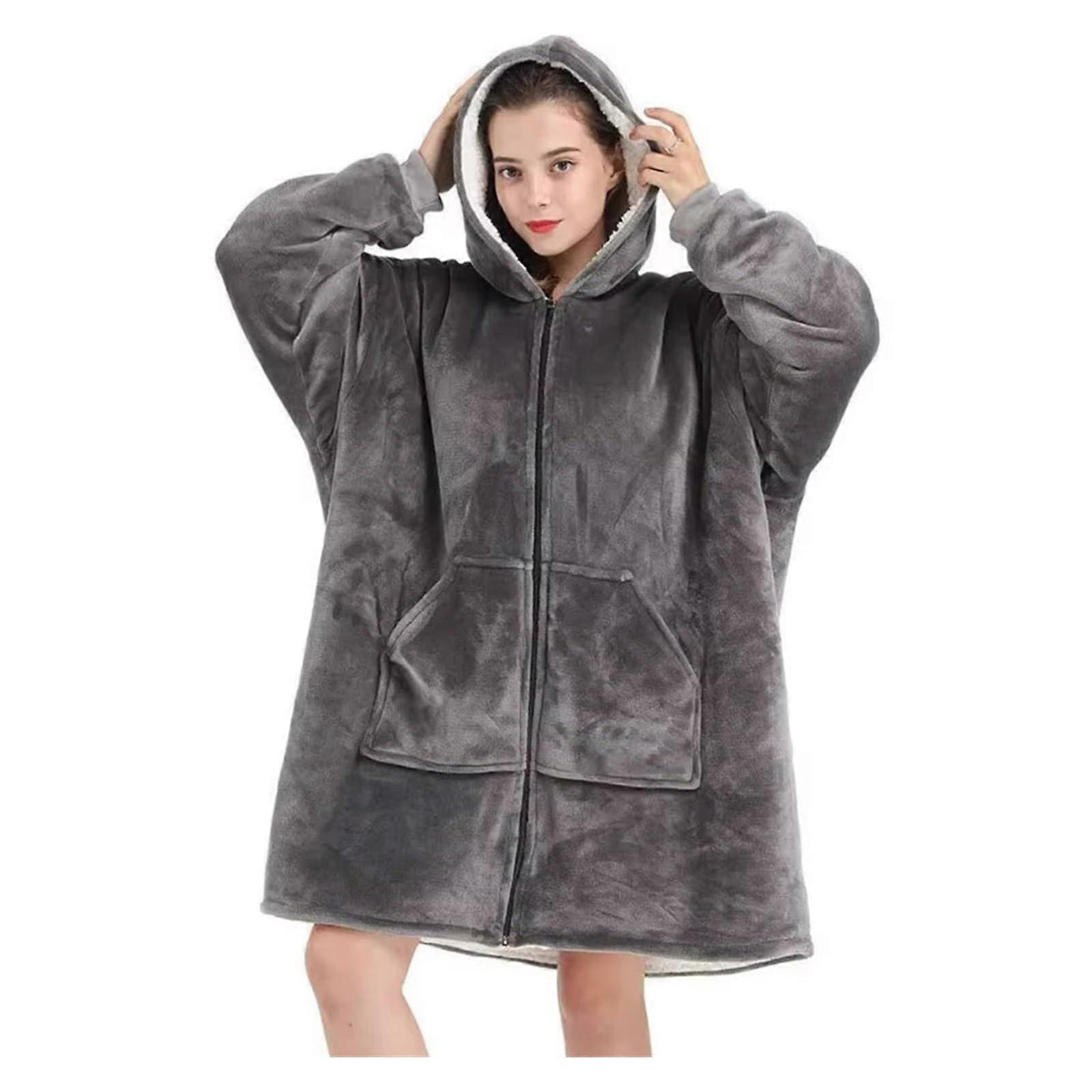 Wearable Blanket Hoodie Oversized One Size Grey With Front Zip Deep Pocket Deluxe Fleece