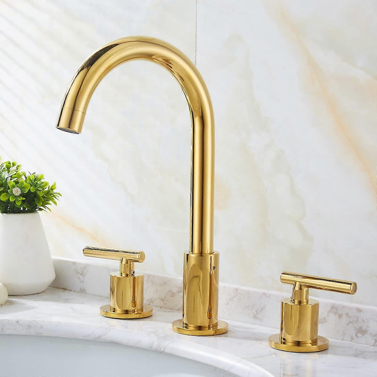 Bathroom Basin Mixer Tap with 360° Swivel Spout, Brass ThreeHole Sink Faucet, Gold Retro Design