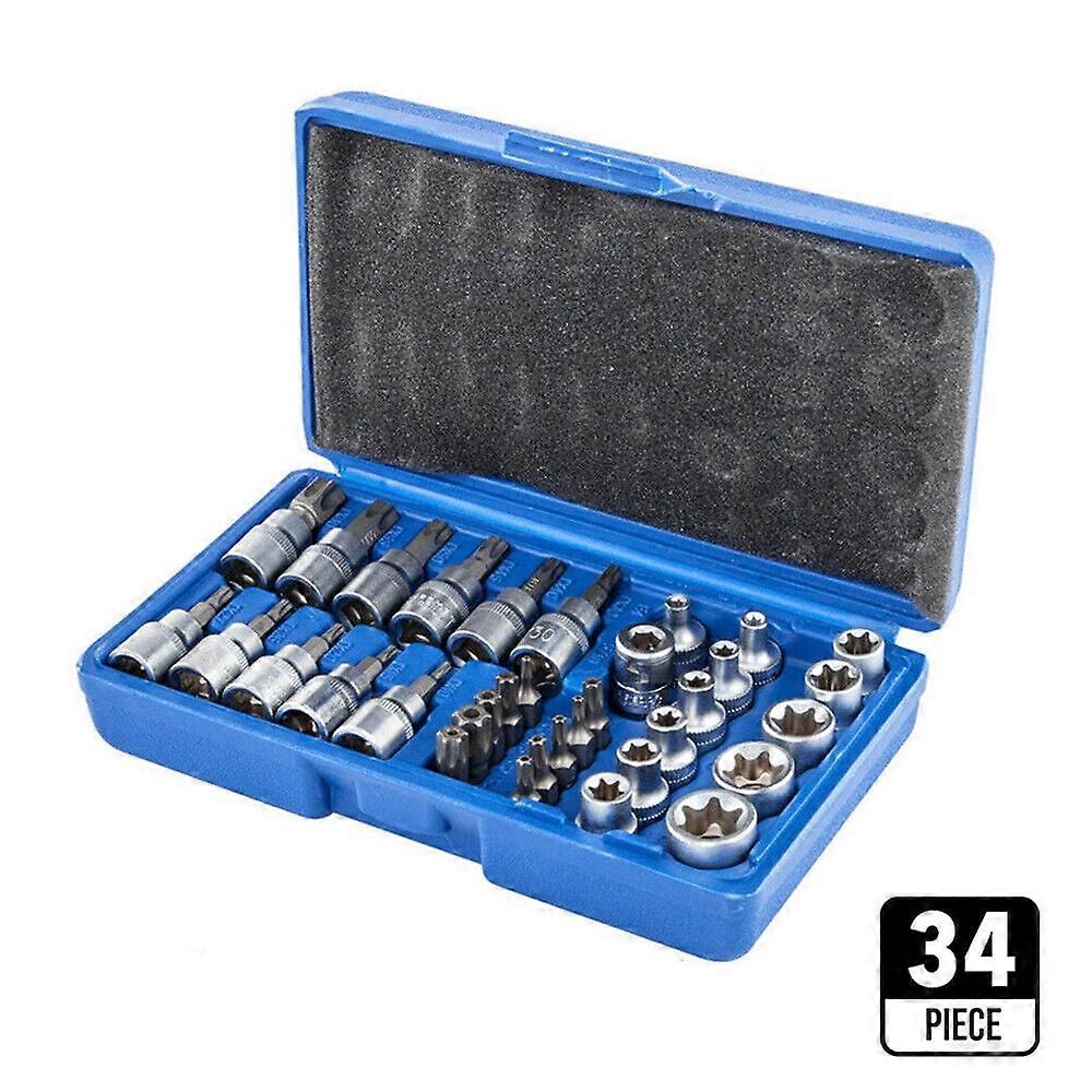 34Pcs Torx Star E-Socket & Bits Set Male/Female Security Bits 3/8" Drive