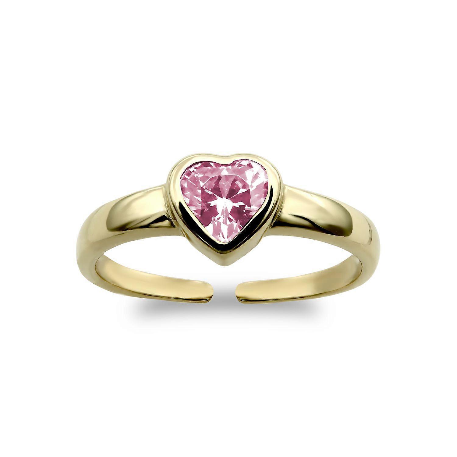 Jewelco London Ladies Solid 9ct Yellow Gold Pink Heart Cubic Zirconia Bezel Solitaire Love Heart Open Toe Ring