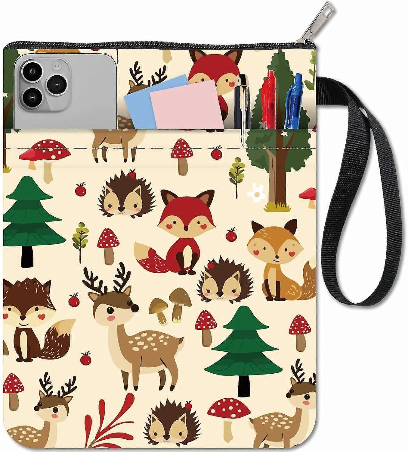 Forest Book Covers with Zipper and Extra Sleeve Deer Fox Hedgehog Animal Rectangle Cloth Washable Protector Pouch Bag for Paperbacks Notebook Book Was