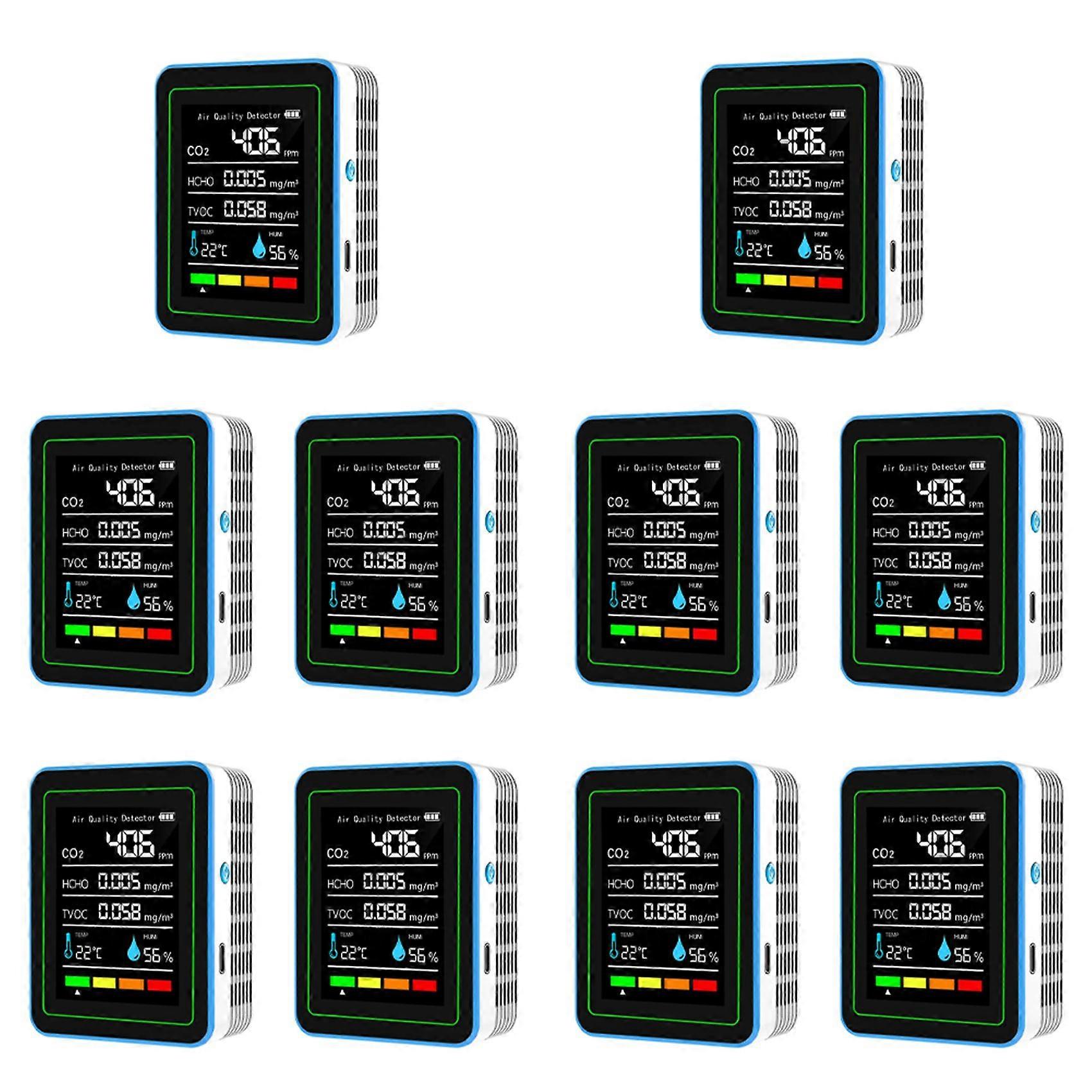 10X 5 in 1 Air Quality Monitor TVOC HCHO Temperature Humidity CO2 Meter, USB Rechargeable CO2 Detector White