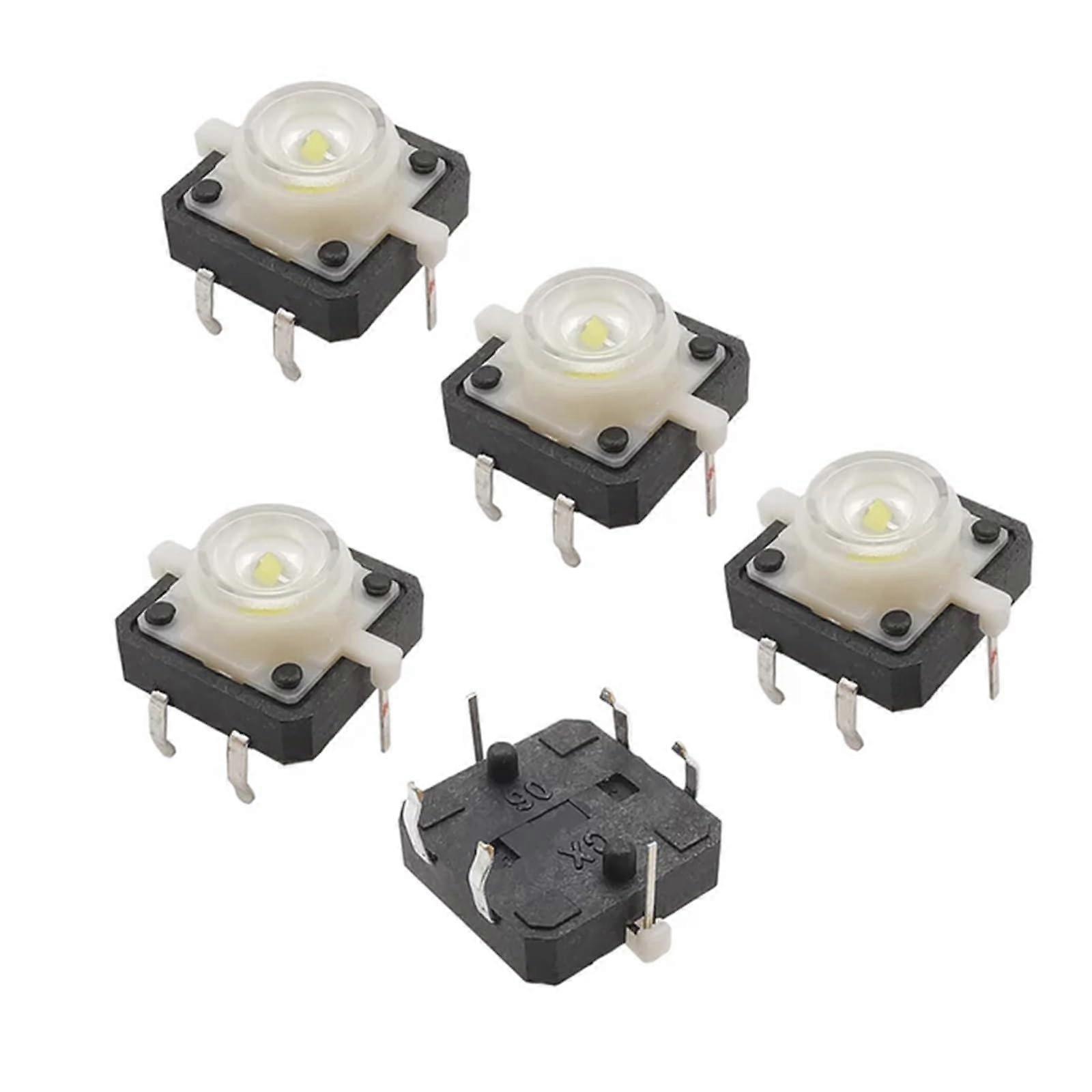 5Pcs 12X12x7.3mm 4PIN DIP Tactile Push Button Switch with LED Light in 5 Colors (5PCS White)