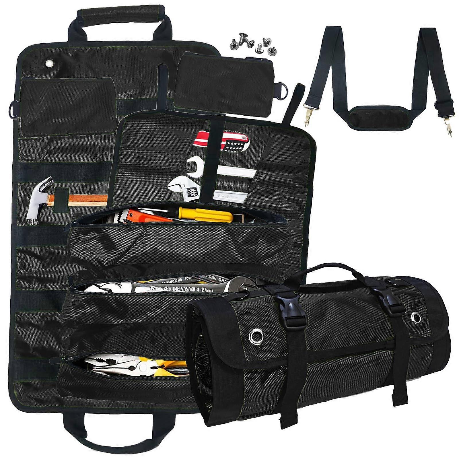 Tool Roll Bag with 6 Detachable Pouches, Heavy Duty Roll Up Organizer with Shoulder Strap, Black