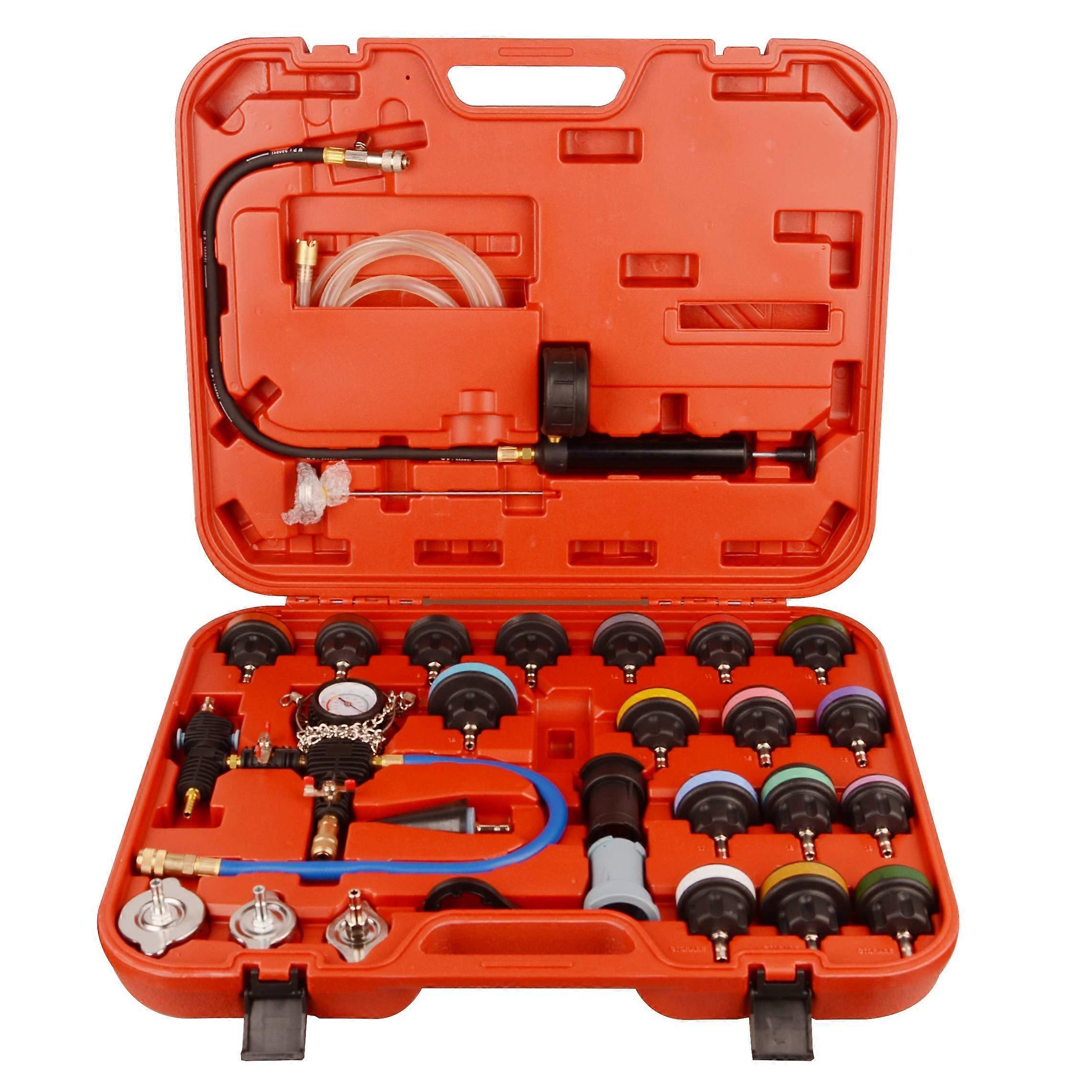 28pcs Radiator Pressure Tester Kit and Coolant Vacuum Refill Set for Leak Detection, Red