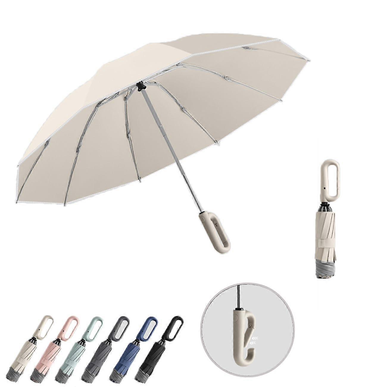 Windproof Travel Umbrella with Reverse Automatic Fold, Reflective Safety Strip, UV Protection, Beige