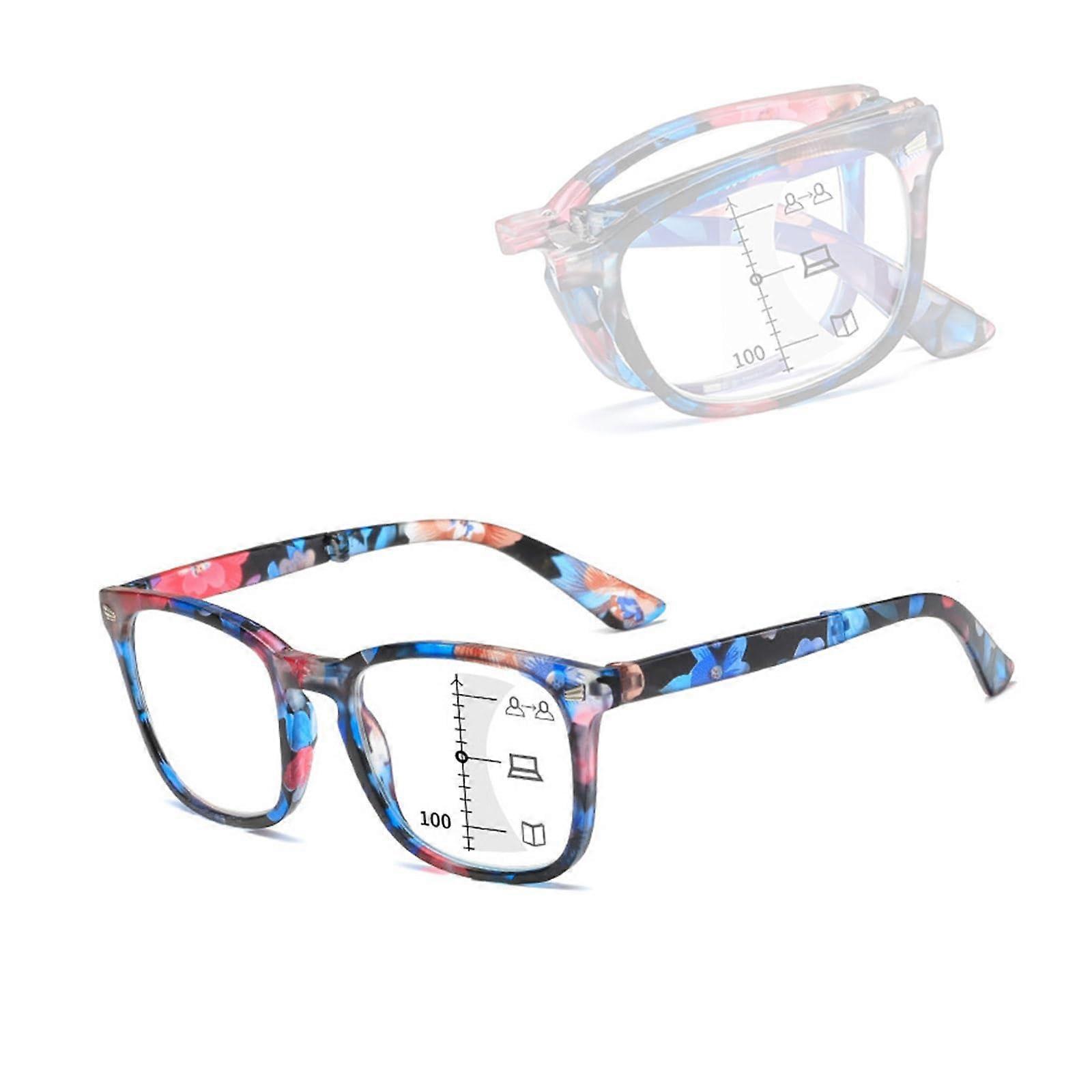 Blue Light Blocking Progressive Multifocal Folding Reading Glasses for Men Women, Blue 3.5x