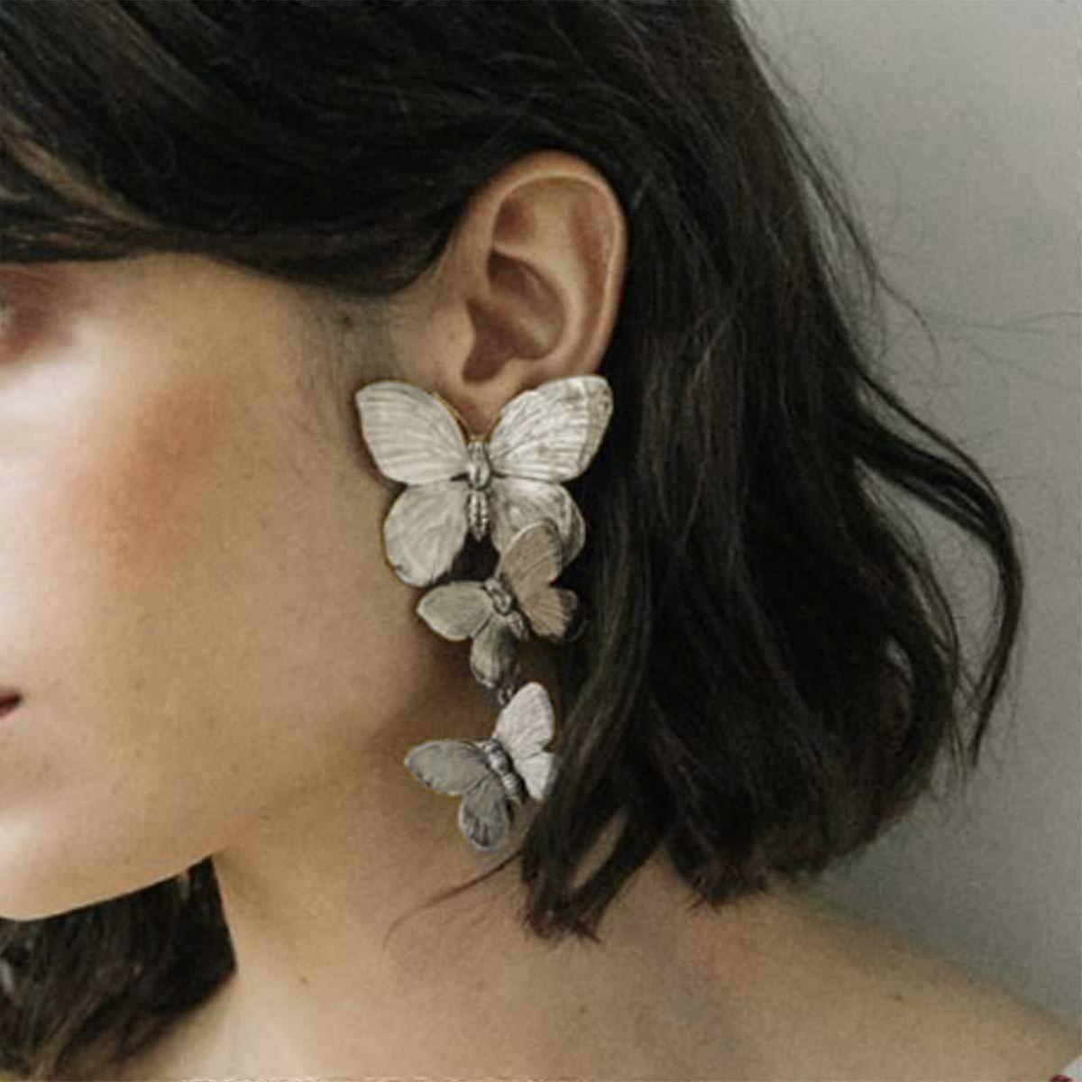 Silver Butterfly Earrings Large 9cm Statement Dangle Drop for Women Lightweight Alloy