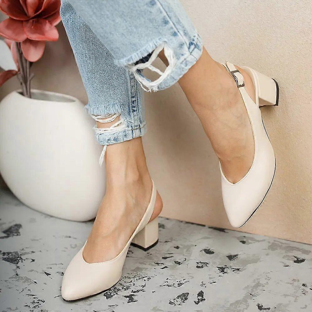 Cream Ankle Strap Block Heel for Women MA-028