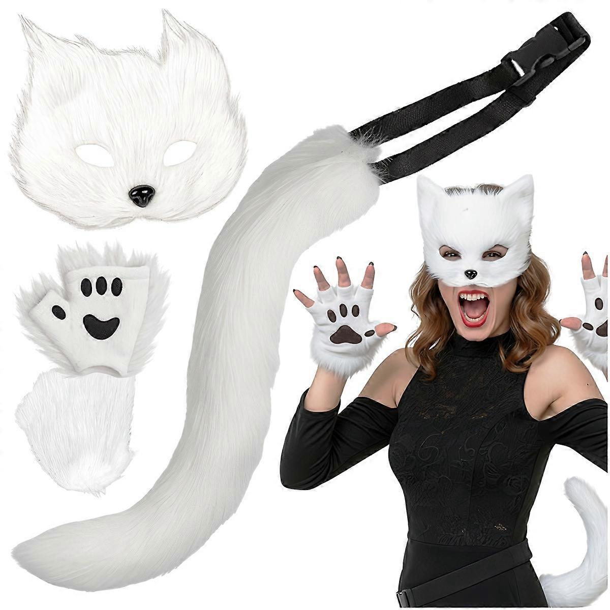 4-piece cat/fox costume set, white, adjustable tail
