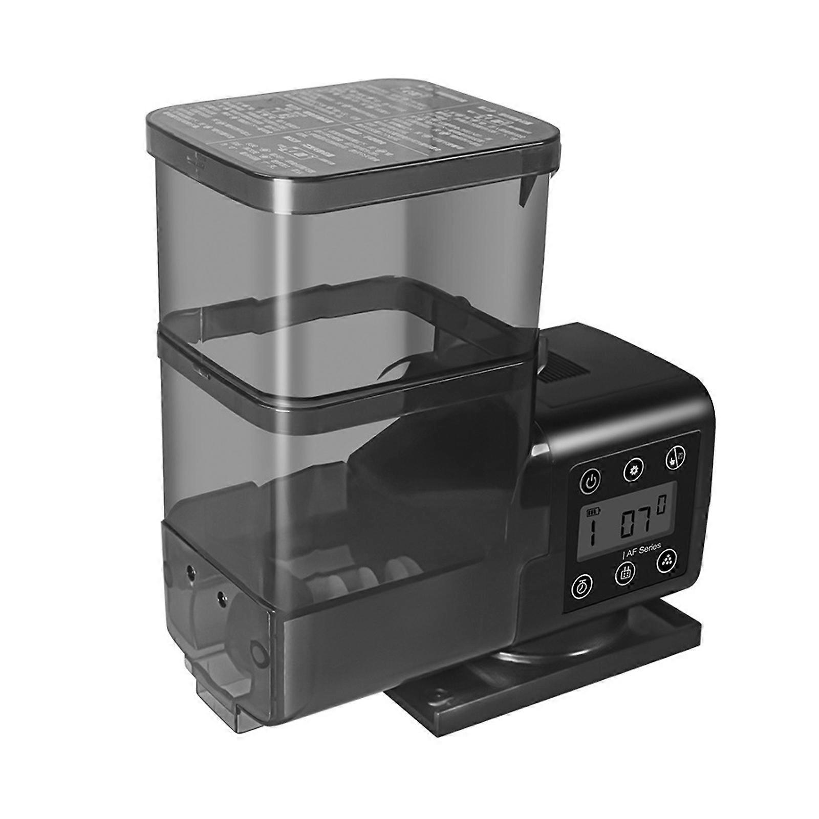 Automatic Pellet Dispenser with a Visible 750 Milliliter Storage Container, Customizable Schedule, Portion Selection, and Digital Interface for Fish