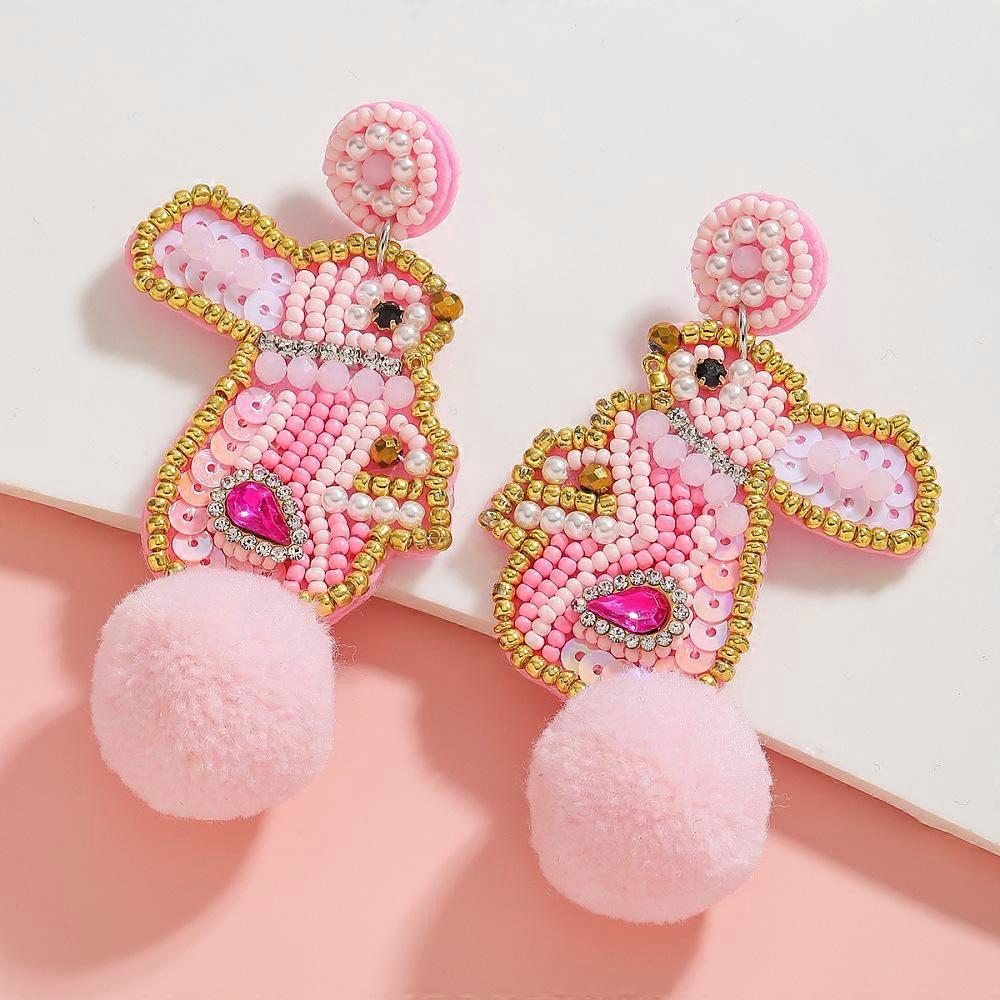 1pair Easter Plastic Cloth Glass Dangle Stud Earrings Rabbit Pink 80x40mm