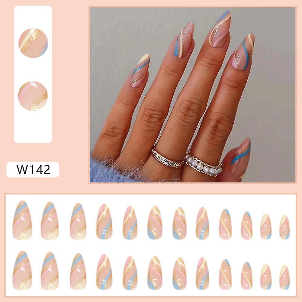 24pcs Glossy False Nails Colorful Wave Pointed Fake Nails For Women And Girls