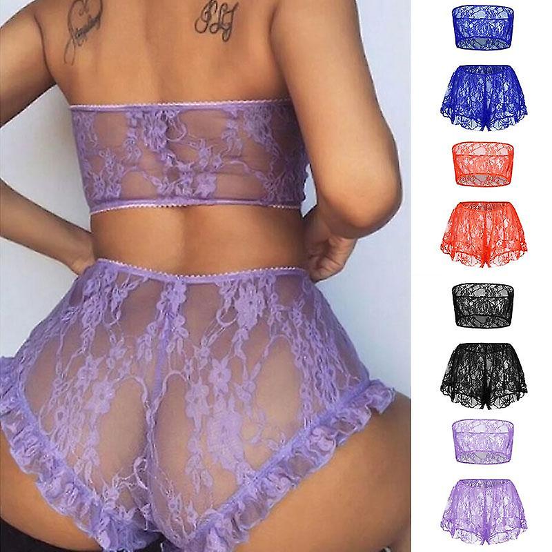 Dam Shorts Volang Underkläder Set Sexig Nattkläder Spets Tyll Nattkläder BH Underkläder Dam Topp