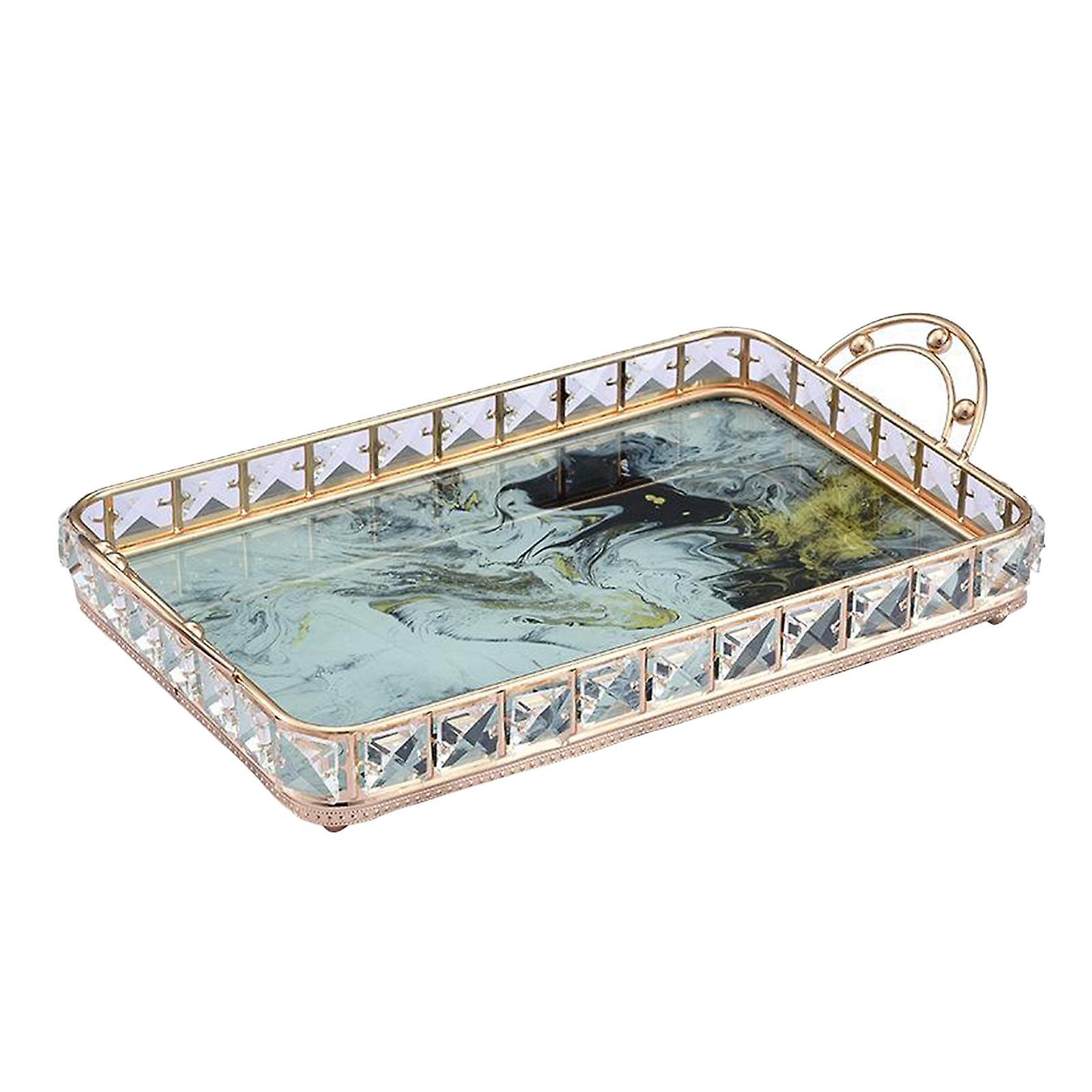 Rectangle Glass Decors Retro Gold Metal Plate Drinks Display Serving Tray