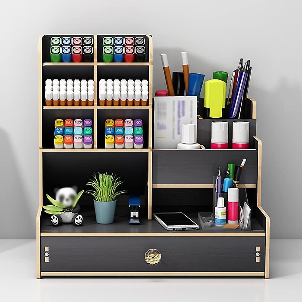 Desk organizer wooden multifunctional drawer desk storage box (black ...