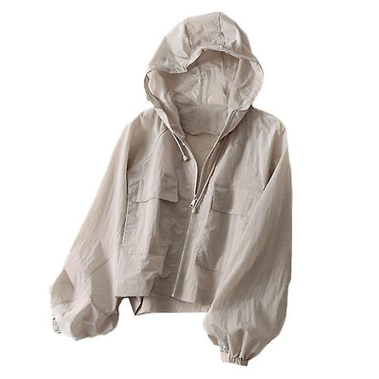 Women Fall Coat Hooded Solid Color Long Sleeve Zipper Closure Loose Pockets Elastic Cuff Thin Soft Breathable Short Coat