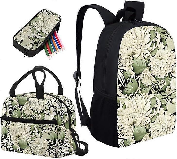 Green Chrysanthemum 17 Inch Backpack Set for Teenagers Light Green Chrysanthemum School Bookbag and Insulated Lunch Box Damask Floral 3 in 1 Middle Sc