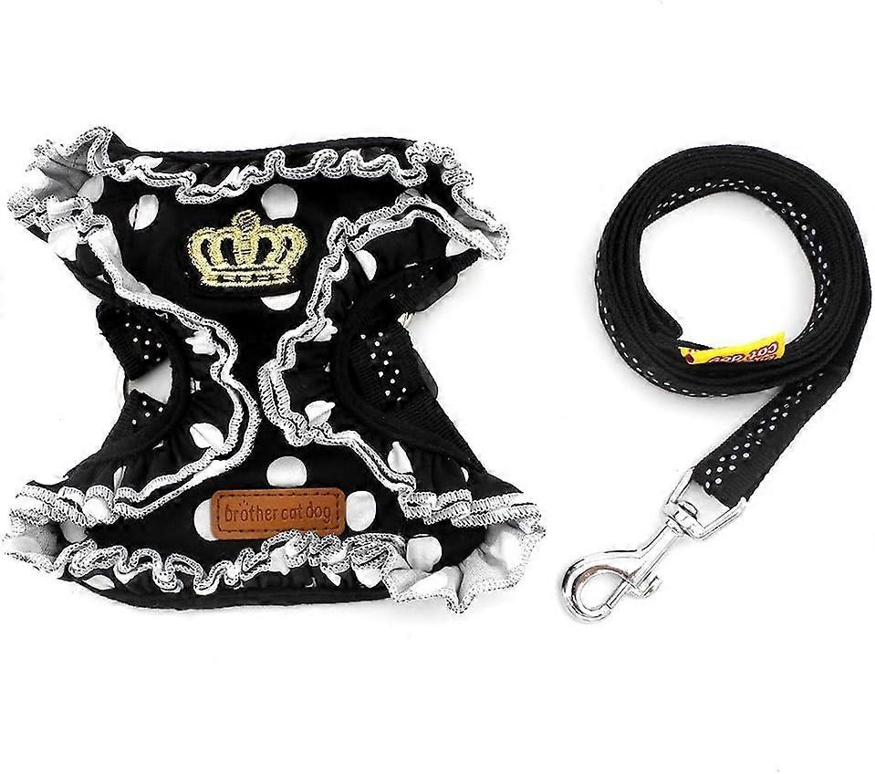 Dots for Small Dog/Cat Harness Vest Leash Set Net Padding No Pulling Comfortable Step Harness, M, Black