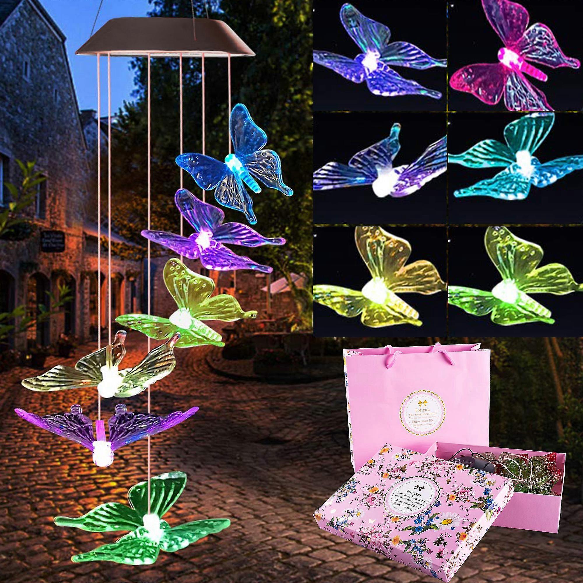 solar powered butterfly wind chimes - 7 color-changing garden wind mobile chime butterfly decorative romantic windbell light for patio, yard, garden