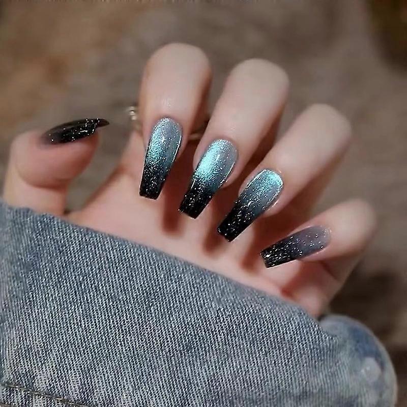 Long Coffin Gradient Long Press on Nails,Cat Eye Acrylic False Nails