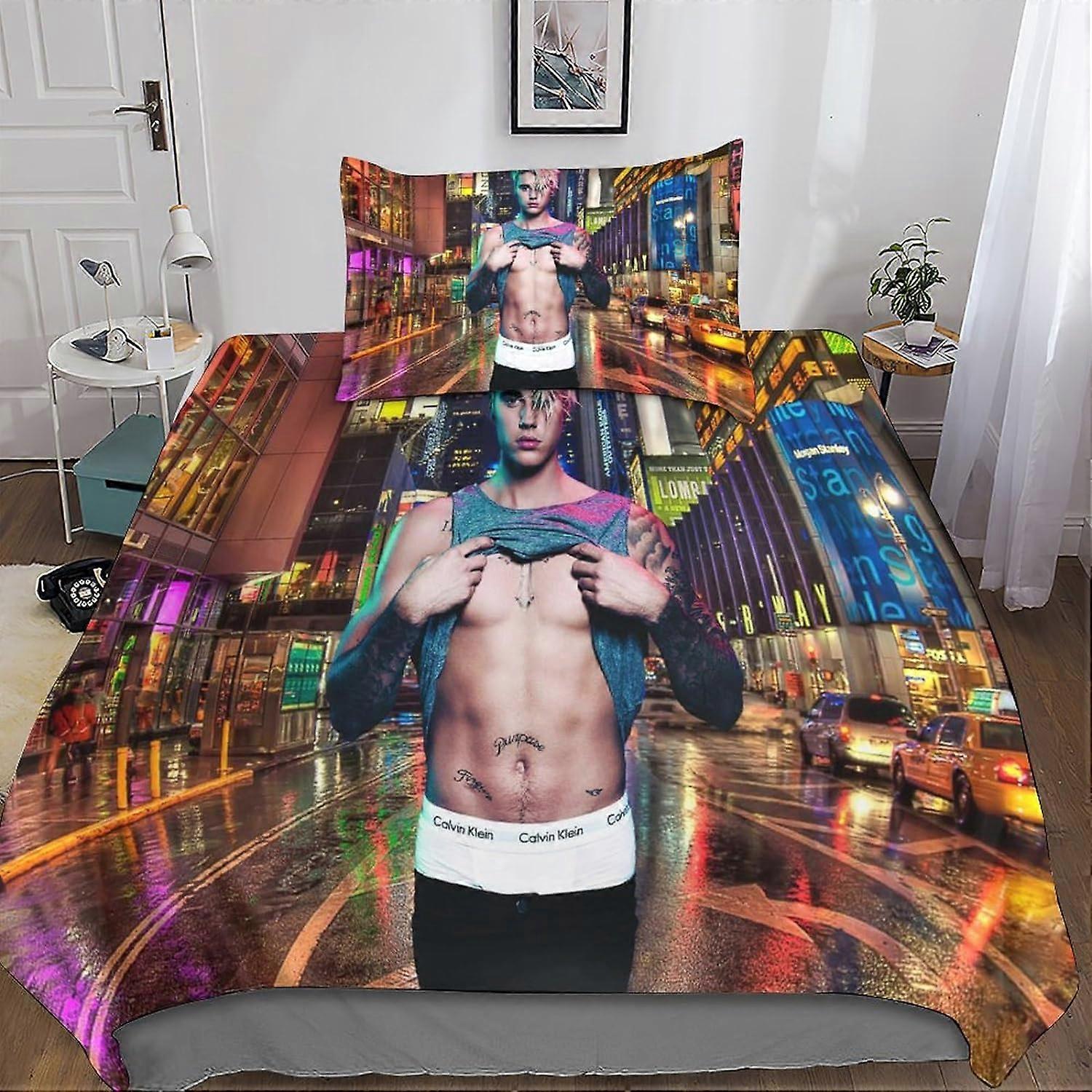 Justin-Bieber beddengoedset met microvezel dekbedovertrek + kussenslopen 3D-geprinte dekbedovertreksets met ritssluiting 2 stuks Enkel