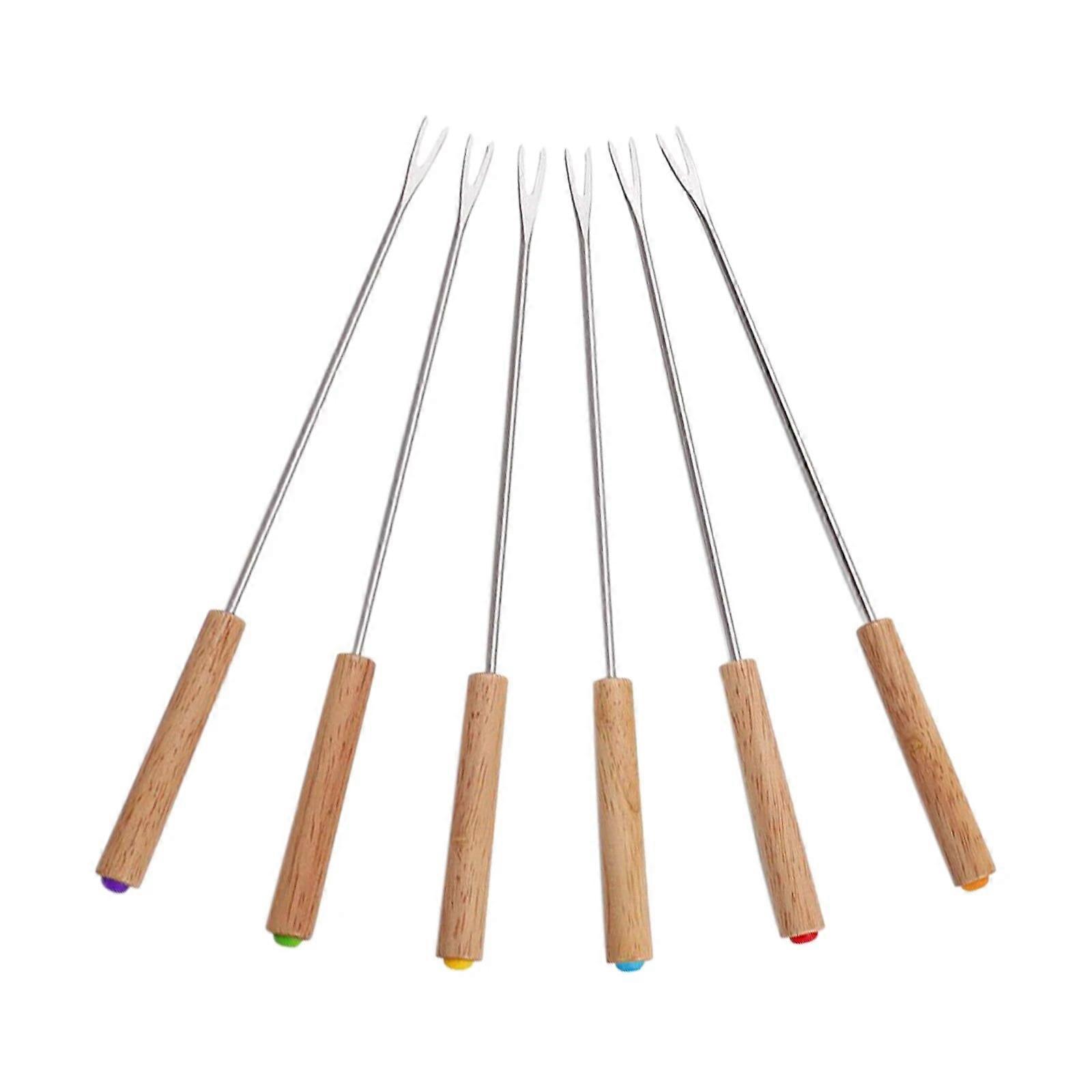 6PC/Lot Stainless Steel Fondue Forks Wood Handle Barbecue Utensils Barbecue Fork Dessert Fork Fondue Skewer Kitchen Tool