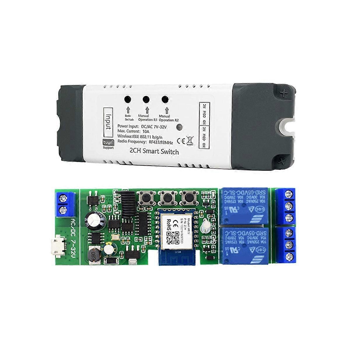 Tuya Smart WiFi Switch Relay Module 2 CH AC/DC 7-32V RF/APP Wireless Remote Control Smart Home for