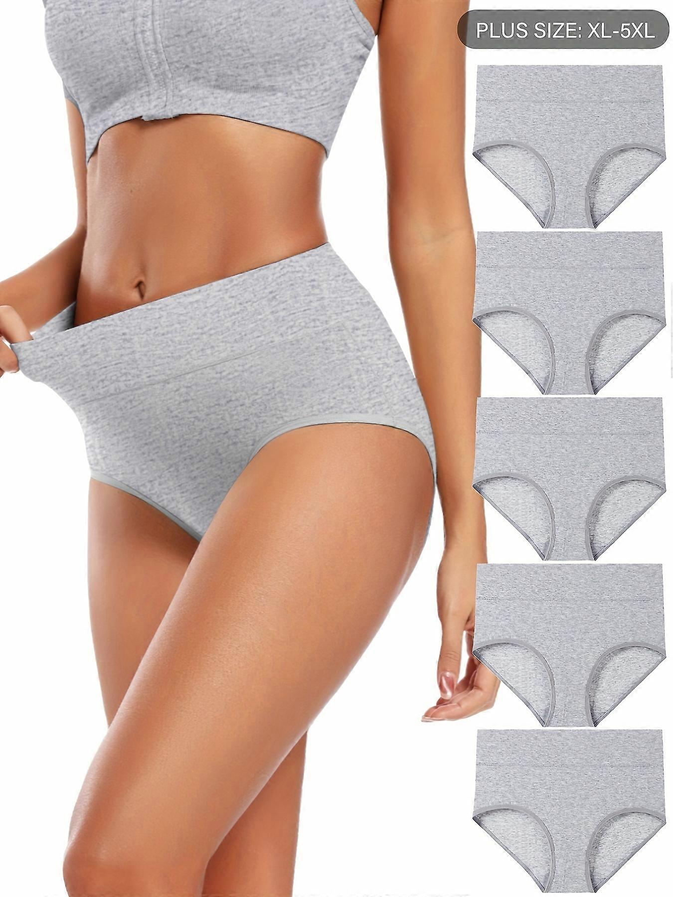 5 Pack Plus Size Basic Panties Set, Women's Plus Solid High Waist Medium Stretch Soft Underwear Five Piece Set
