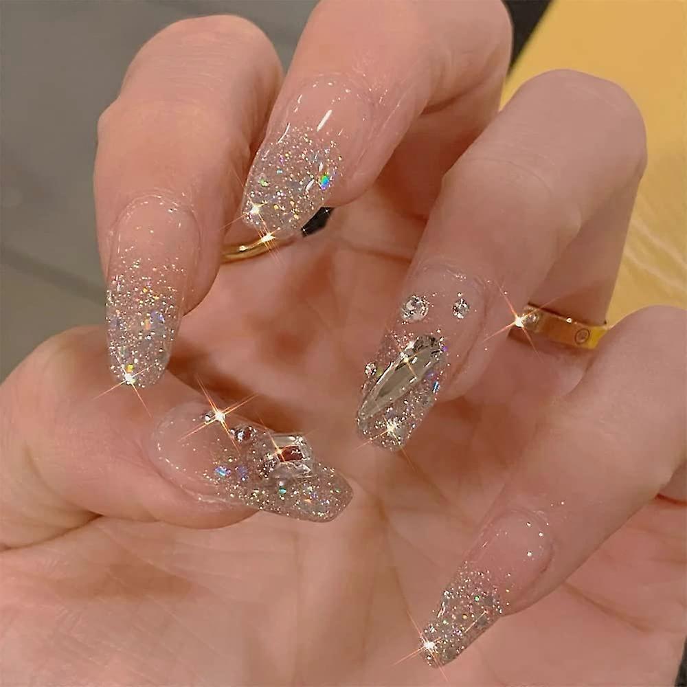 24Pcs Press on Nails Medium, 3D Rhinestones