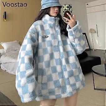 Automne Hiver Épaissir Chaud Damier Plaid Agneau Laine Vestes Porter des deux côtés Manteaux Femme Harajuku Col Montant Vêtements d’extérieur geschenke fourrure frauen